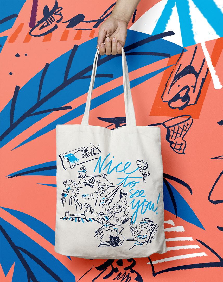 Mural illustration for Las Olas Store in Fort Lauderdale of Warby Parker by Lalalimola - Tote bag design
