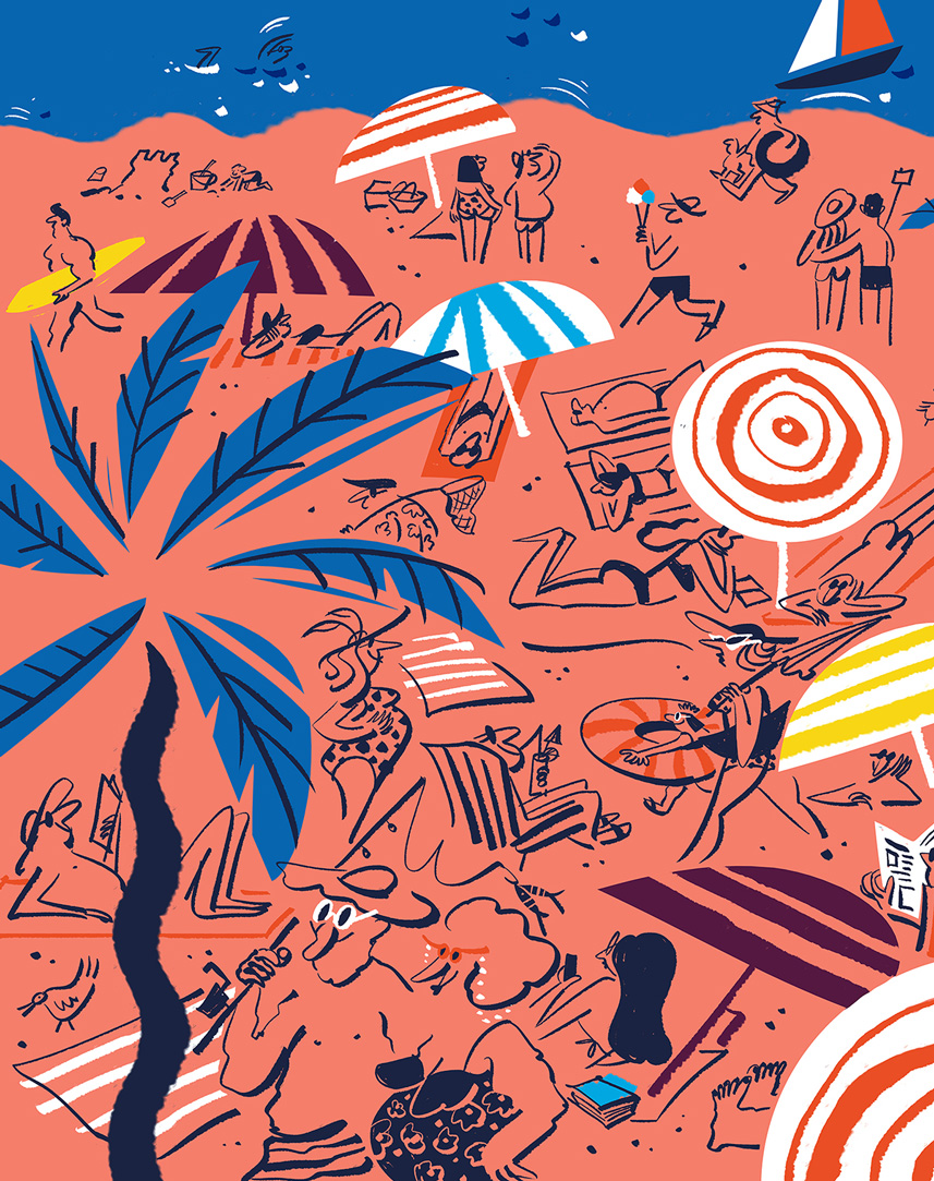 Mural illustration for Las Olas Store in Fort Lauderdale of Warby Parker by Lalalimola - Detail of the mural - Beach scene crowded with people