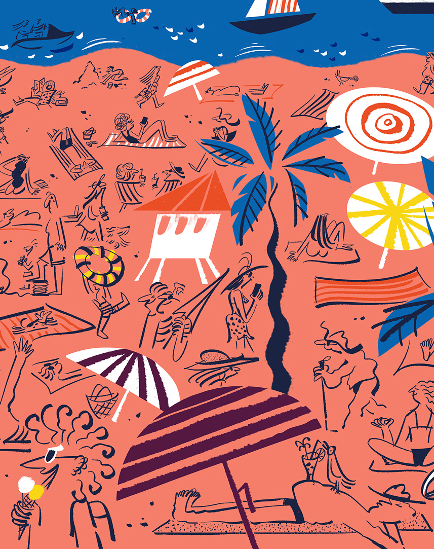 Mural illustration for Las Olas Store in Fort Lauderdale of Warby Parker by Lalalimola - Detail of the mural - Beach scene crowded with people