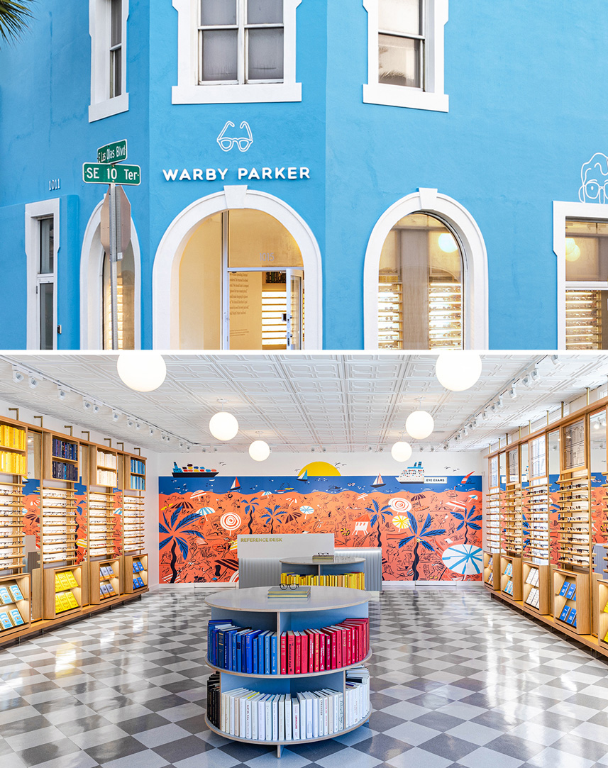 Mural illustration for Las Olas Store in Fort Lauderdale of Warby Parker by Lalalimola - Front of the store and interior view of the mural