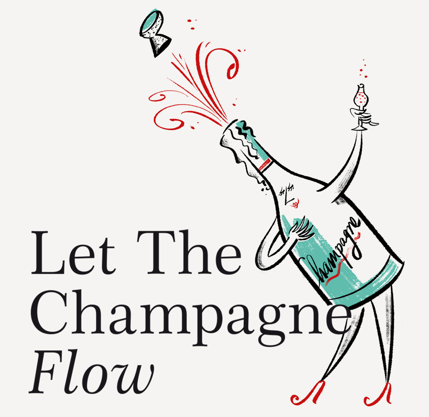 Illustration for Fortnum & Mason by Lalalimola - Illustration of a bottle of champagne character